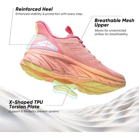 Women's Pink Orange Walking Shoes Comfort Breathable Non-Slip Gym Sneaker - Picture 4 of 8